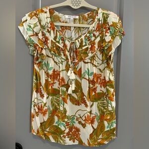 Rose & Olive Cream Tropical Floral Tie-Front Ruffle Blouse